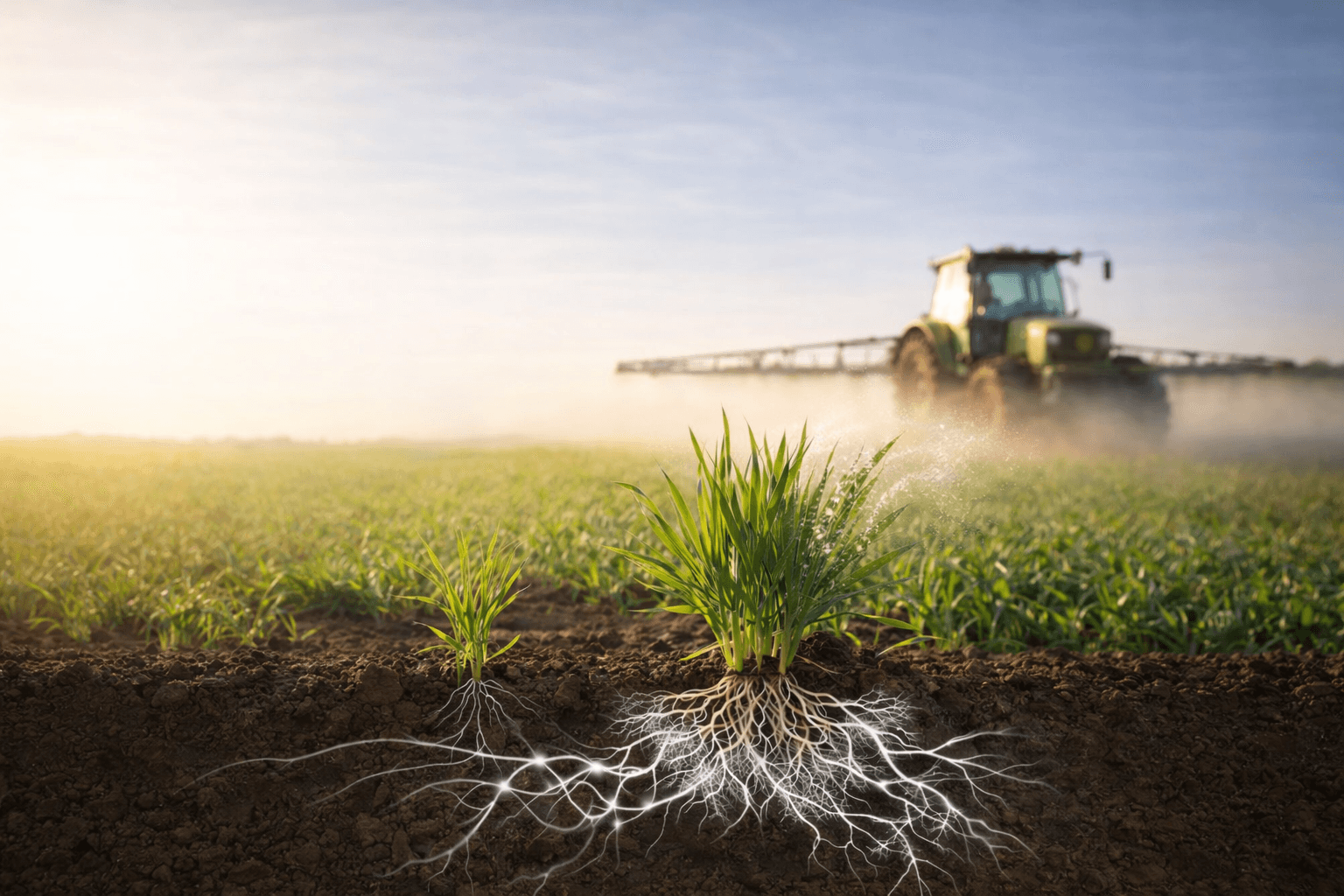 Sunrise over sprouting crops showing healthy root systems